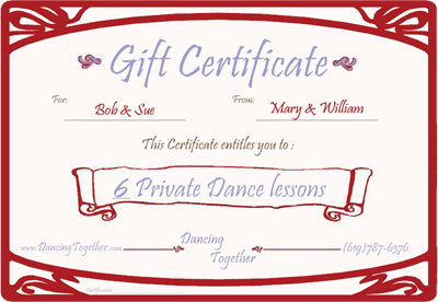 Example of Dancing Together gift certificate.
