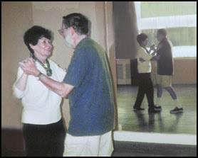 Stephanie and Lee Jaret practicing the foxtrot for their daughter's upcoming wedding